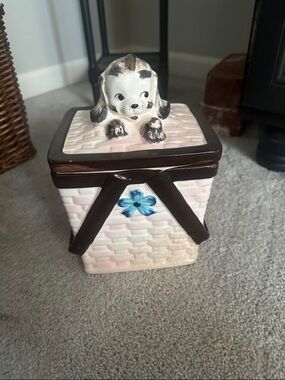 Ceramic Puppy On Basket Cookie Jar - Pink & Brown